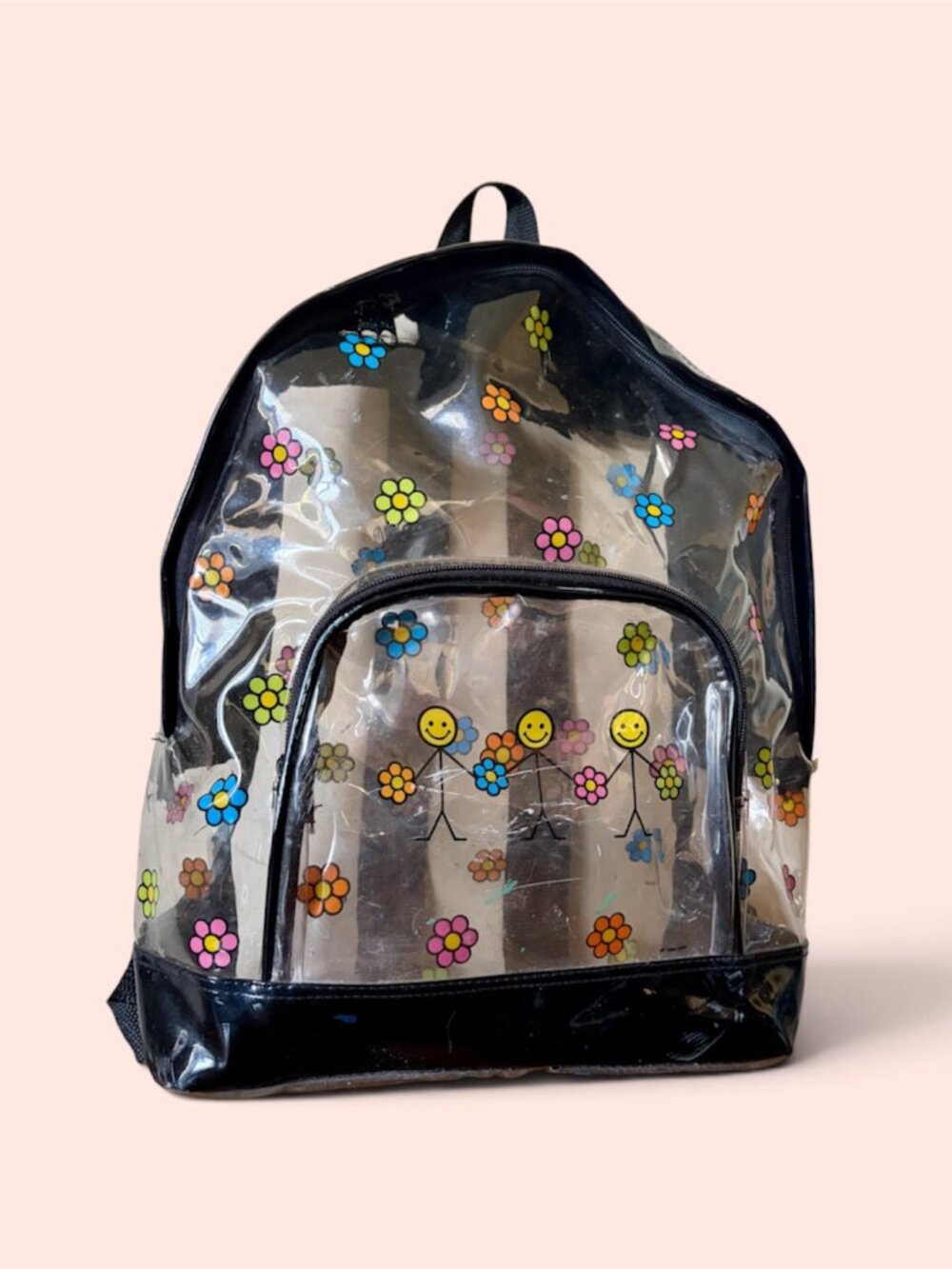 Vintage 90s Y2K Clear Backpack Colorful Daisies Smiley Face Stick Figures Rave